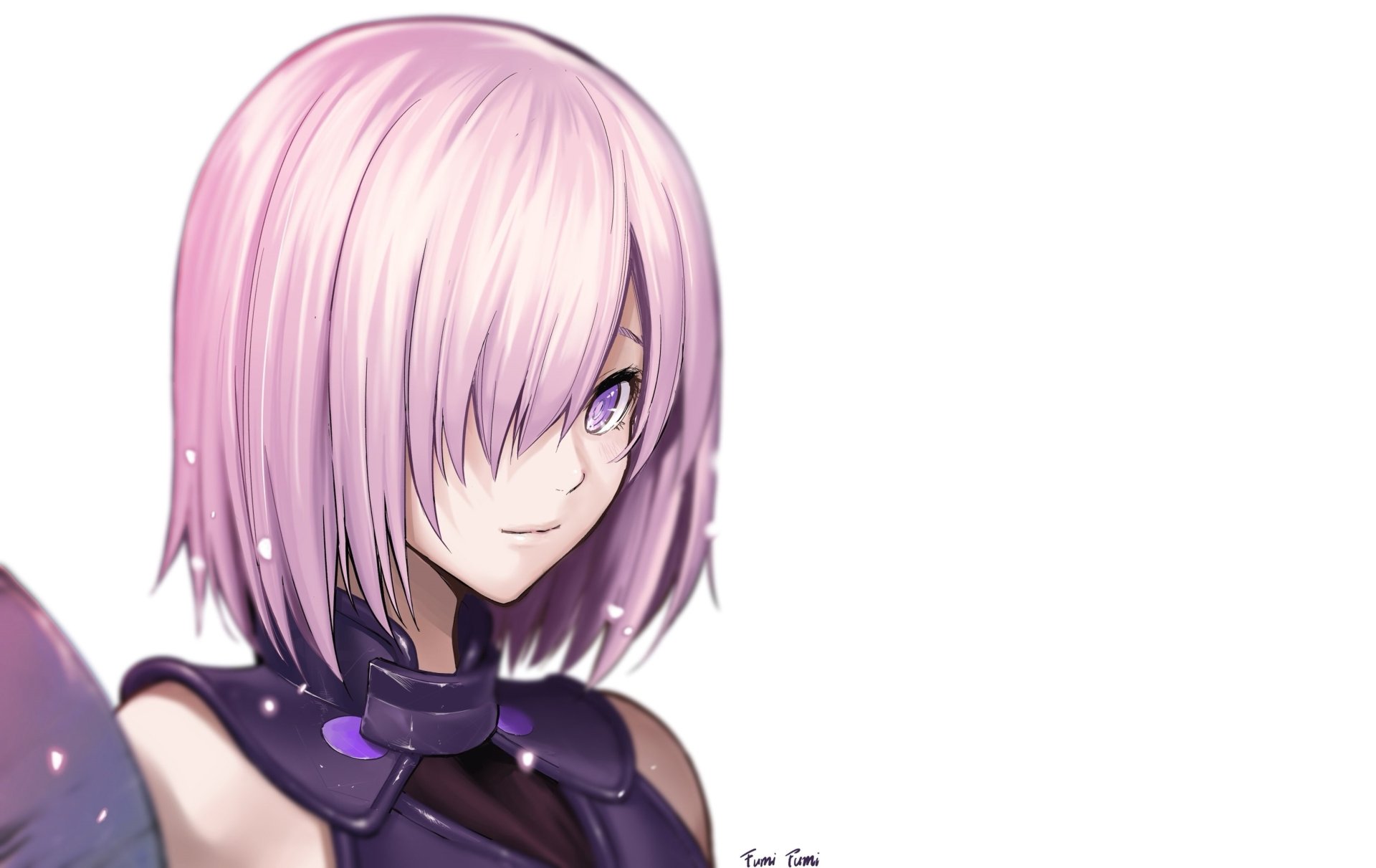 Mashu Kyrielight (Fate/Grand Order) close-up with pink bob and purple eye, wearing purple armor on a white background — 2K Quad HD anime PC desktop wallpaper.