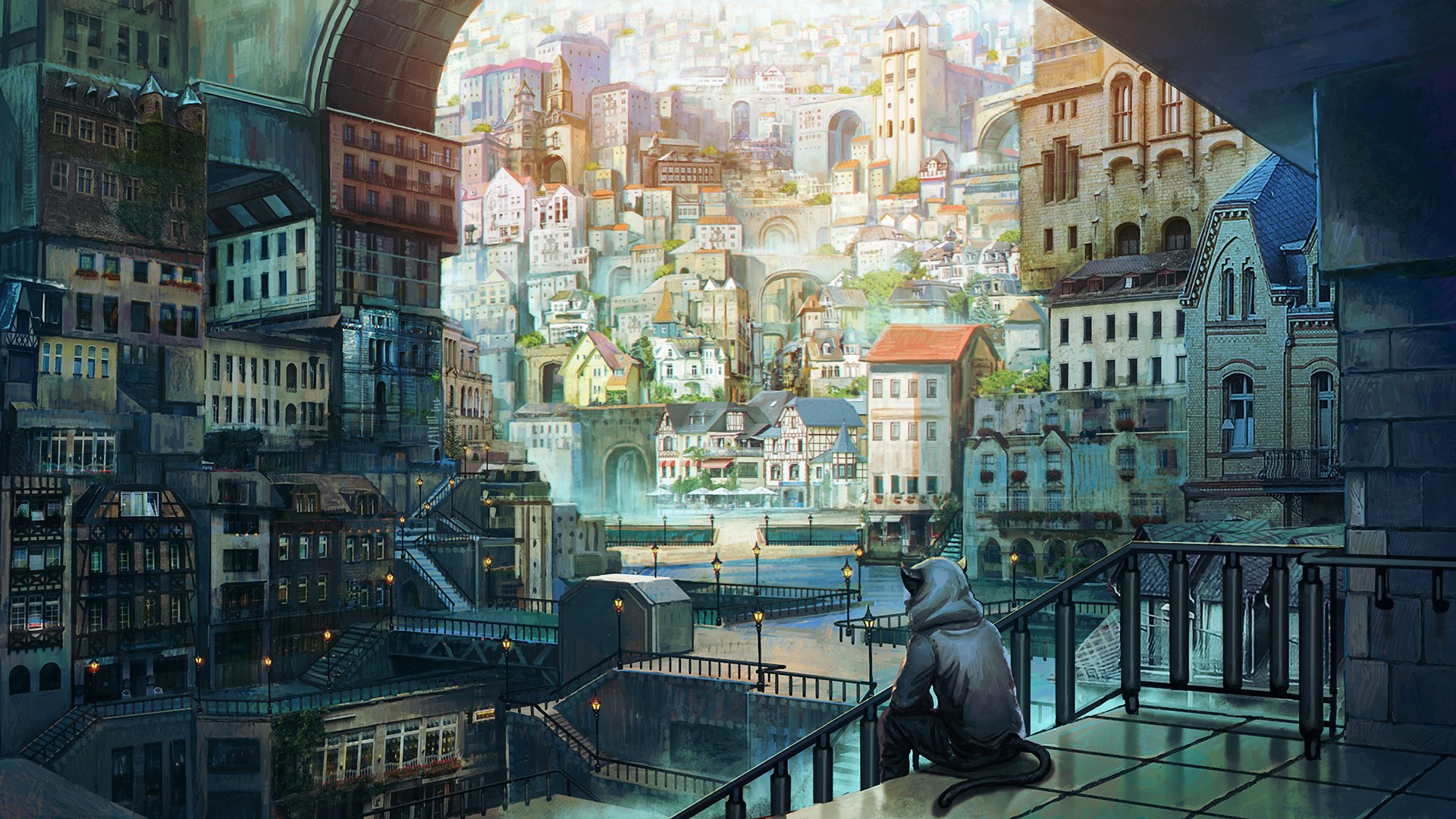 HD anime-style original artwork depicting a detailed cityscape with layered buildings and a cat sitting on a balcony, designed as a PC desktop wallpaper background.