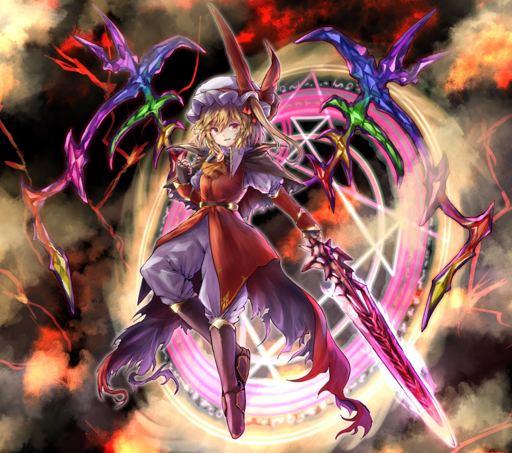 HD anime desktop wallpaper featuring Flandre Scarlet from Touhou, displaying fiery magical effects and a dynamic pose against a dark, intense backdrop.