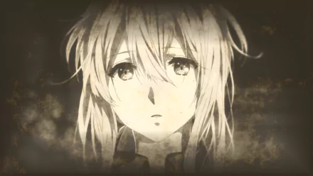 HD anime desktop wallpaper featuring Violet Evergarden, the melancholic character from the Violet Evergarden series, depicted in a soft, sepia-toned close-up.