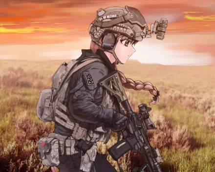 Rukuriri from Girls und Panzer in detailed military gear, holding a rifle against a sunset backdrop in this HD PC desktop wallpaper from the anime Girls und Panzer.