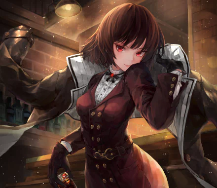 An original anime character with short brown hair, red eyes, and a confident smile, wearing a coat and glasses, set against a warm, detailed background with ice-like lighting.