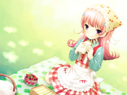 Anime original 2K Quad HD desktop wallpaper: smiling long brown-haired girl with purple eyes, holding a strawberry sandwich on a picnic blanket, pastel background.