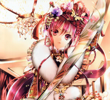pink eyes pink hair braid headdress sword flower long hair Anime Original HD Desktop Wallpaper | Background Image