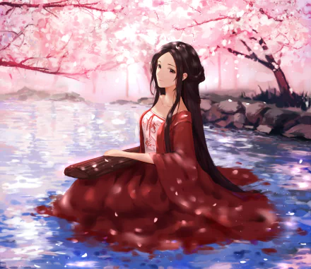 Anime original 2K Quad HD desktop wallpaper: long brown‑haired girl with brown eyes smiling in a red kimono, sitting in water beneath falling cherry blossoms.