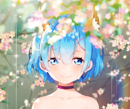 HD PC desktop wallpaper featuring Rem from the anime Re:Zero - Starting Life in Another World, surrounded by soft pink blossoms and sparkling light effects.