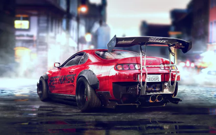 HD desktop wallpaper of a red Toyota Supra from the video game Need for Speed, showcasing intricate detailing and a dynamic cityscape background.