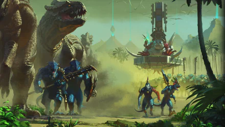 HD desktop wallpaper featuring creatures from the video game Total War: Warhammer II in a dense, misty jungle setting with towering dinosaurs and armored warriors.