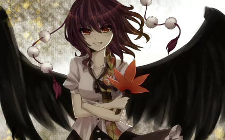 HD anime wallpaper featuring Aya Shameimaru from Touhou, with dark wings and a red maple leaf against a glowing full moon background.