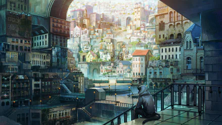 HD anime-style original artwork depicting a detailed cityscape with layered buildings and a cat sitting on a balcony, designed as a PC desktop wallpaper background.