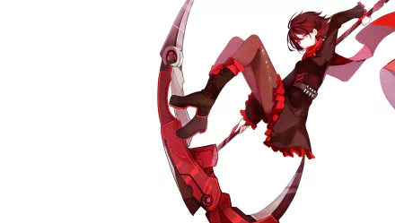 HD anime desktop wallpaper featuring Ruby Rose from RWBY in dynamic pose wielding her iconic scythe against a white background.