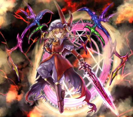 HD anime desktop wallpaper featuring Flandre Scarlet from Touhou, displaying fiery magical effects and a dynamic pose against a dark, intense backdrop.