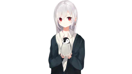 Anime girl with silver hair holding a penguin, depicted in a clean, detailed 4K Ultra HD PC desktop wallpaper and background style.