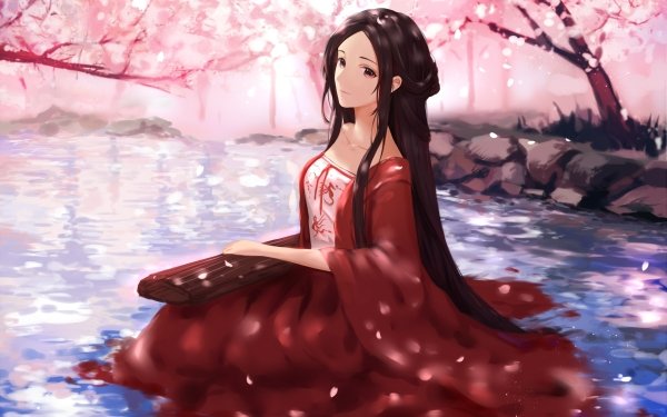 Anime Original Long Hair Brown Hair Brown Eyes Cherry Blossom Smile HD Wallpaper | Background Image