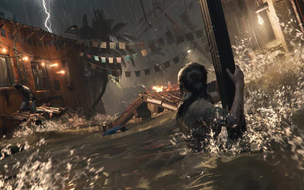 Lara Croft navigating floodwaters in a dramatic scene from the Shadow of the Tomb Raider video game, captured in stunning 4K Ultra HD for PC desktop wallpaper.