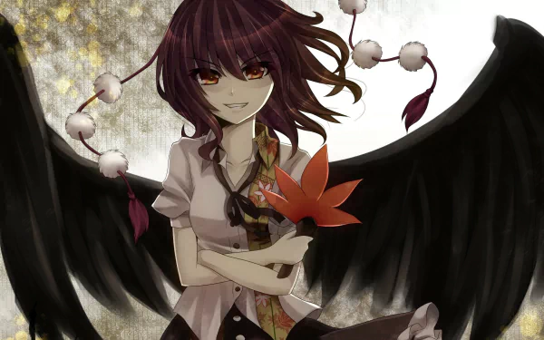 HD anime wallpaper featuring Aya Shameimaru from Touhou, with dark wings and a red maple leaf against a glowing full moon background.