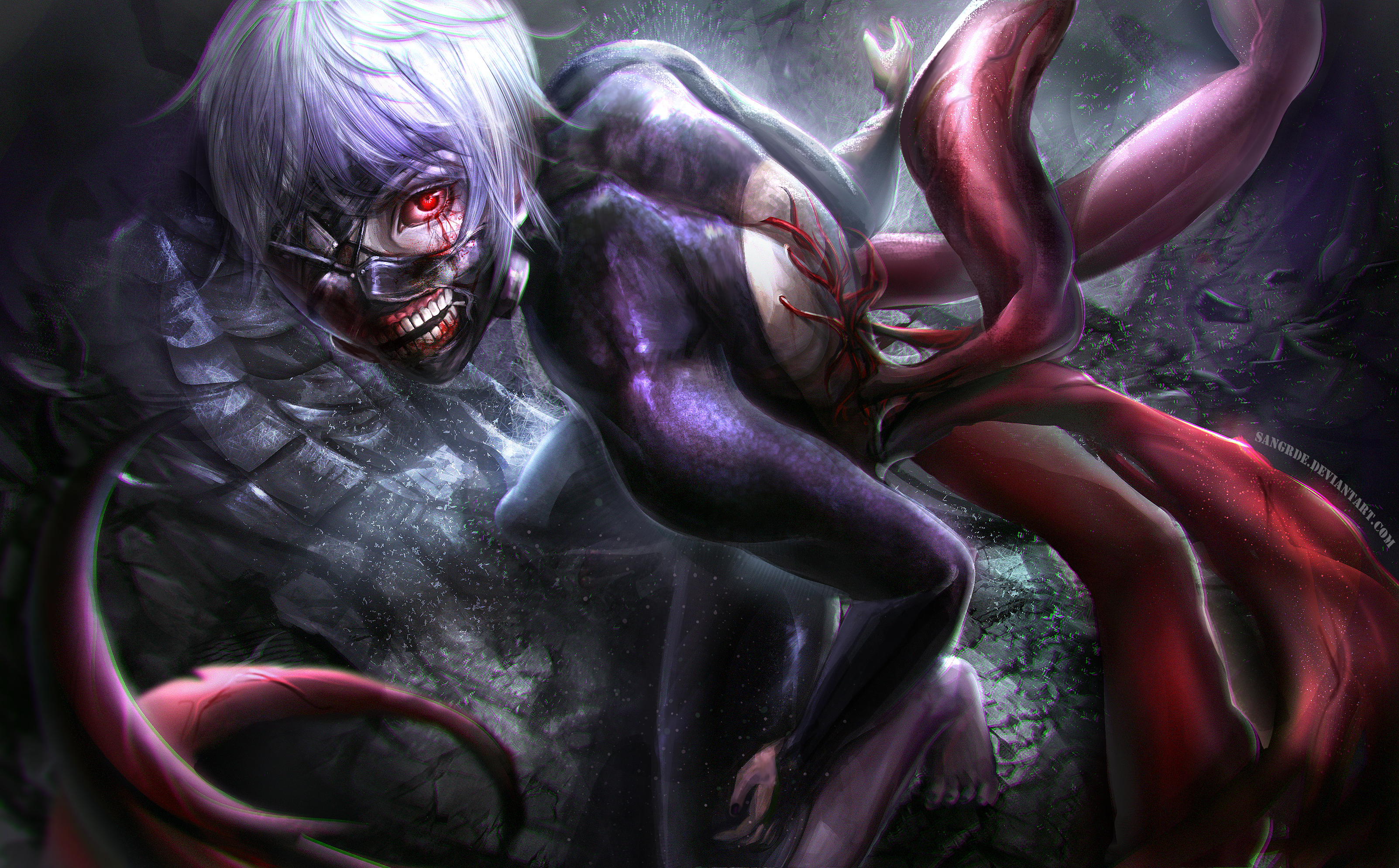 Tokyo Ghoul, Kaneki Ken, anime, mask, fan art, white hair HD Wallpaper