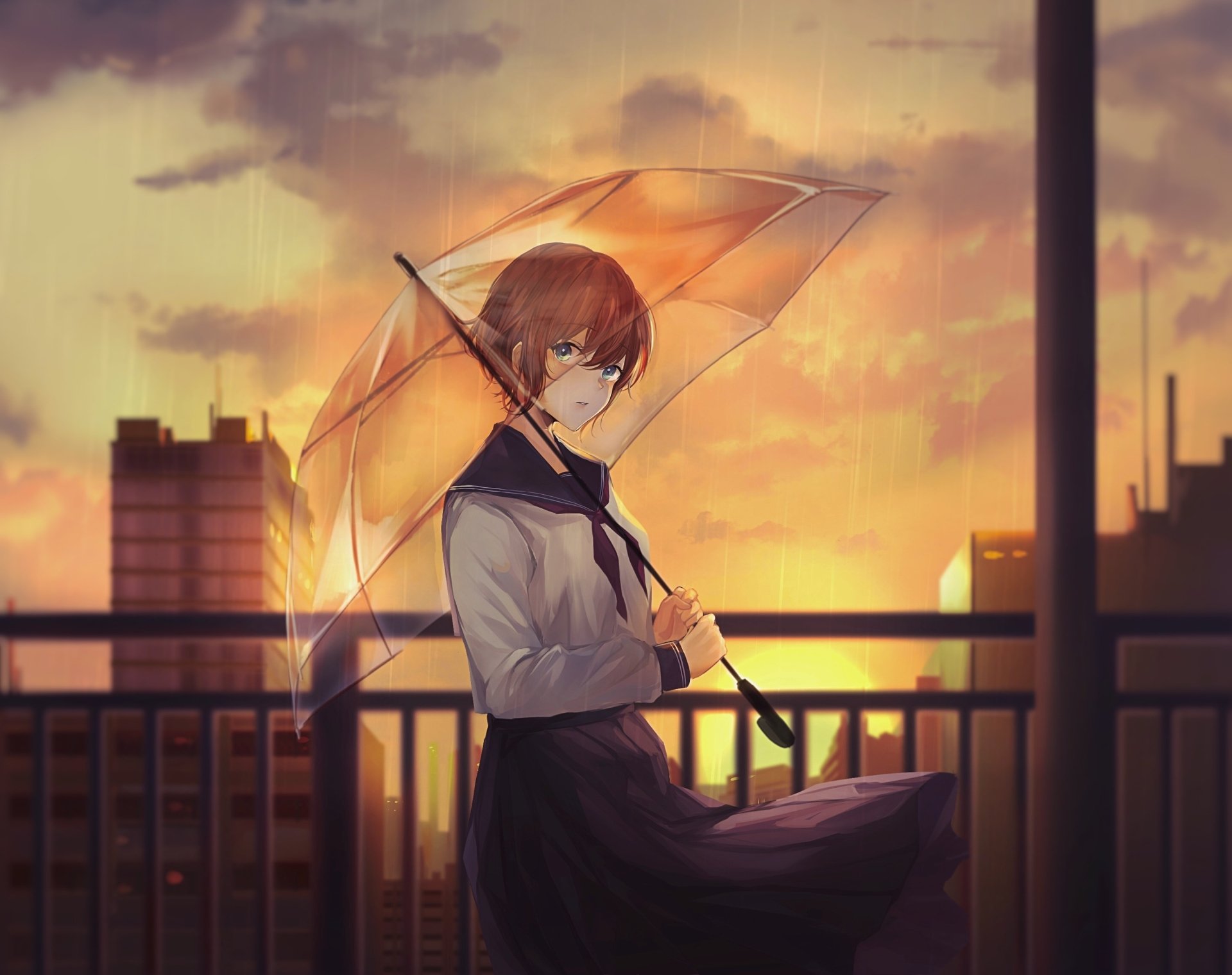 Download City Rain Blue Eyes Umbrella Brown Hair Short Hair Anime Original Rain Anime Anime City HD Wallpaper by Akito