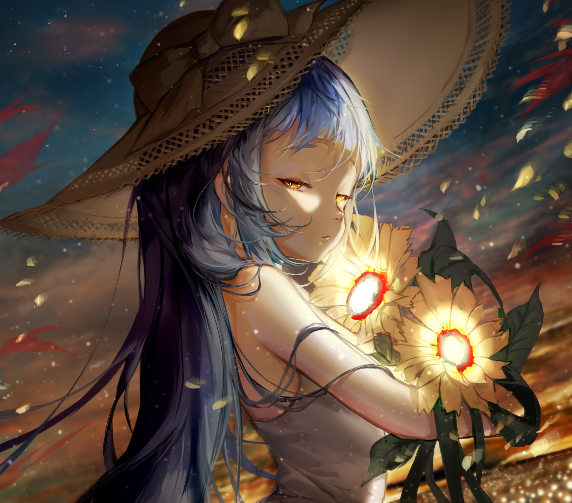 Anime-style HD wallpaper featuring a long-haired character with blue hair, yellow eyes, wearing a large hat and bow, holding bright sunflowers against a dramatic sky background.