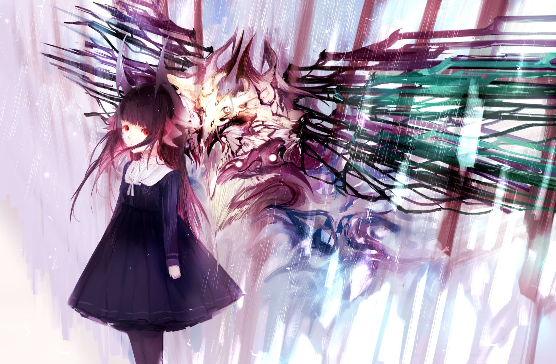 Anime original artwork featuring a long-haired girl with red eyes and a headdress, standing beside a dark, abstract, winged creature, rendered in HD for PC desktop wallpaper.