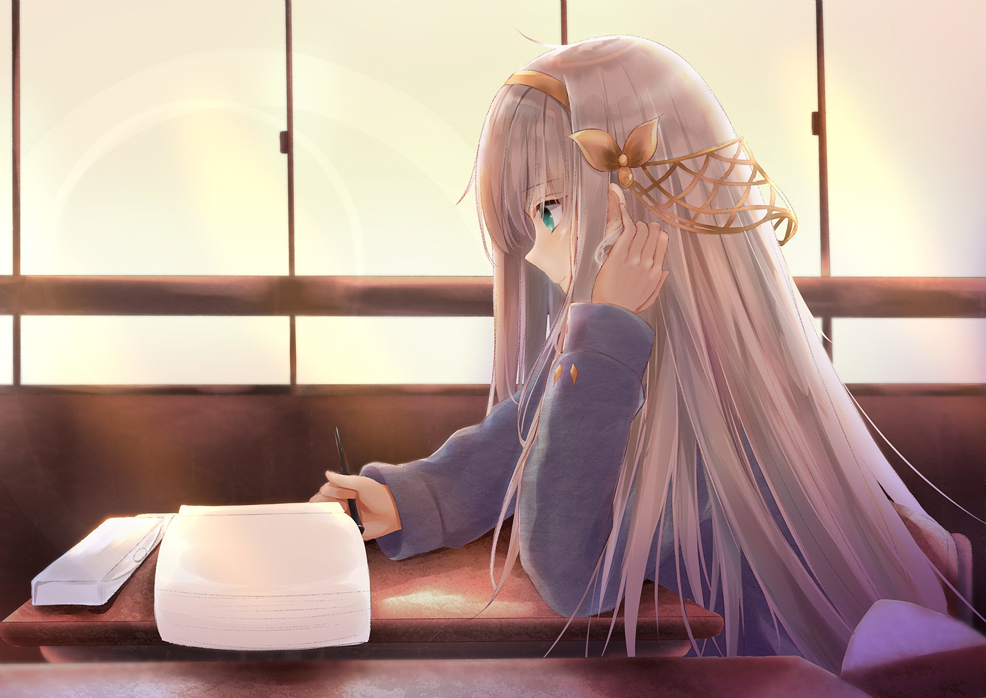 HD PC desktop wallpaper featuring Anastasia from Fate/Grand Order, depicted in an anime style, sitting thoughtfully by a window with soft sunlight streaming in.