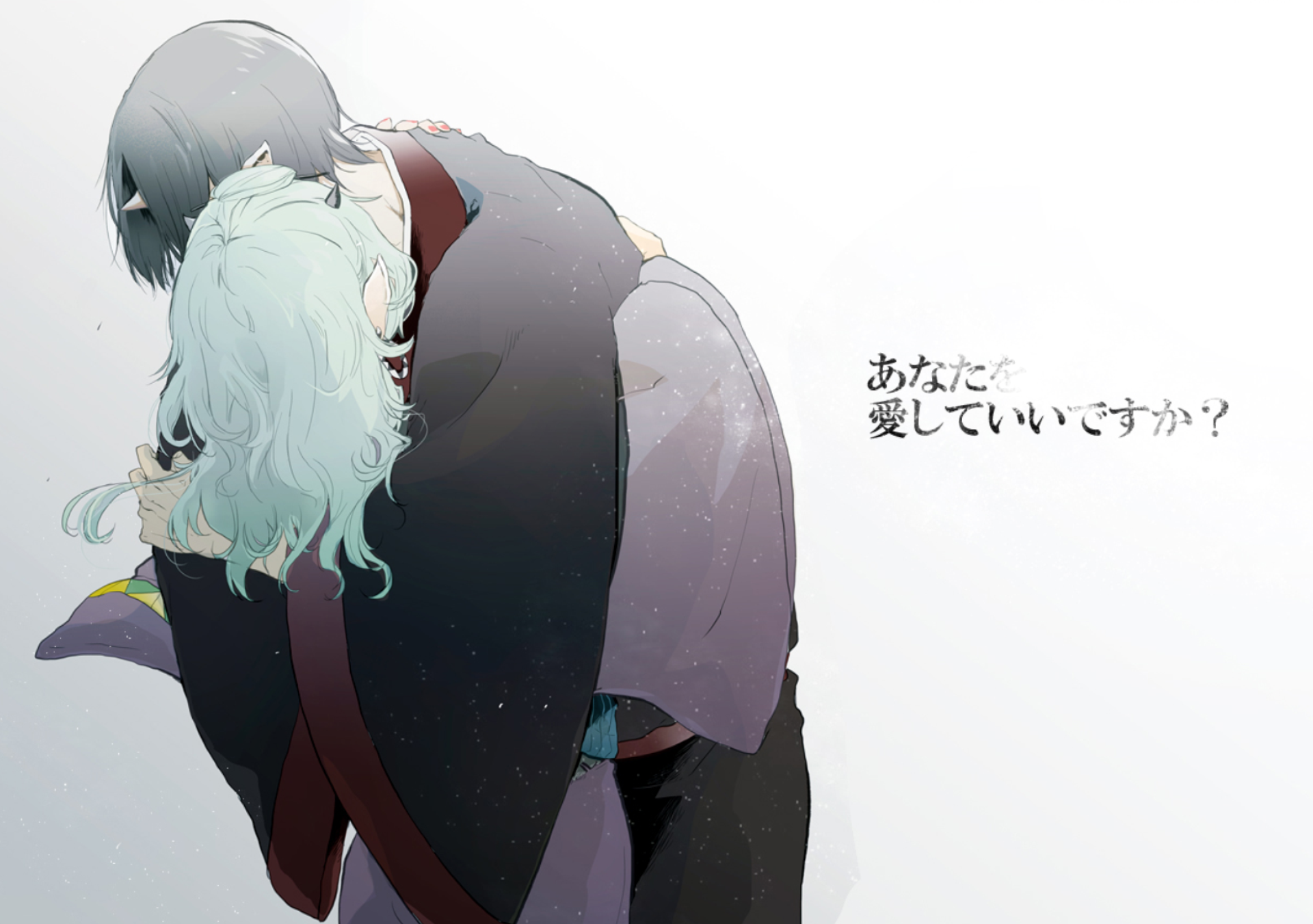 Anime HD PC desktop wallpaper of Okou and Hoozuki (Hoozuki no Reitetsu) sharing a close embrace on a minimalist white background, with small Japanese text at the right.