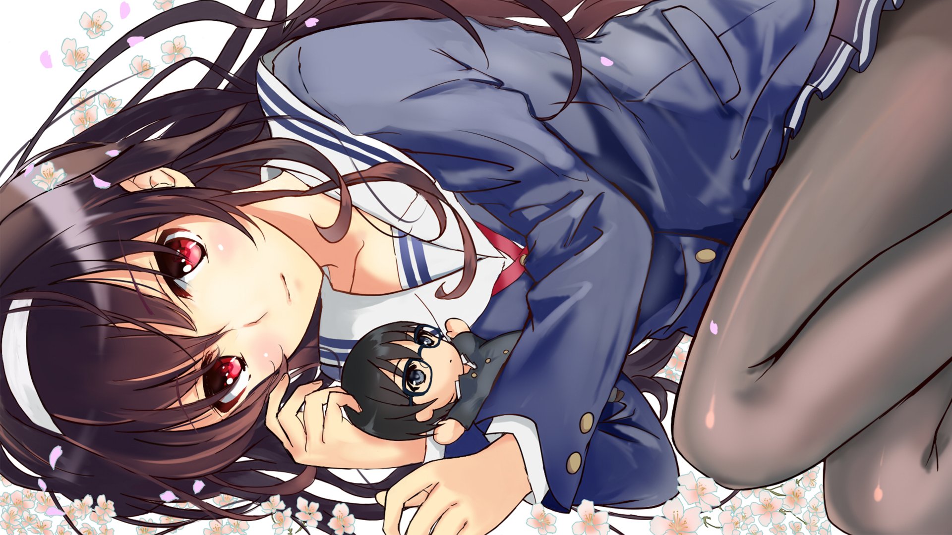 This HD desktop wallpaper features Utaha Kasumigaoka from Saekano: How to Raise a Boring Girlfriend, lying down in a school uniform holding a plush toy, set against a background of delicate flowers.
