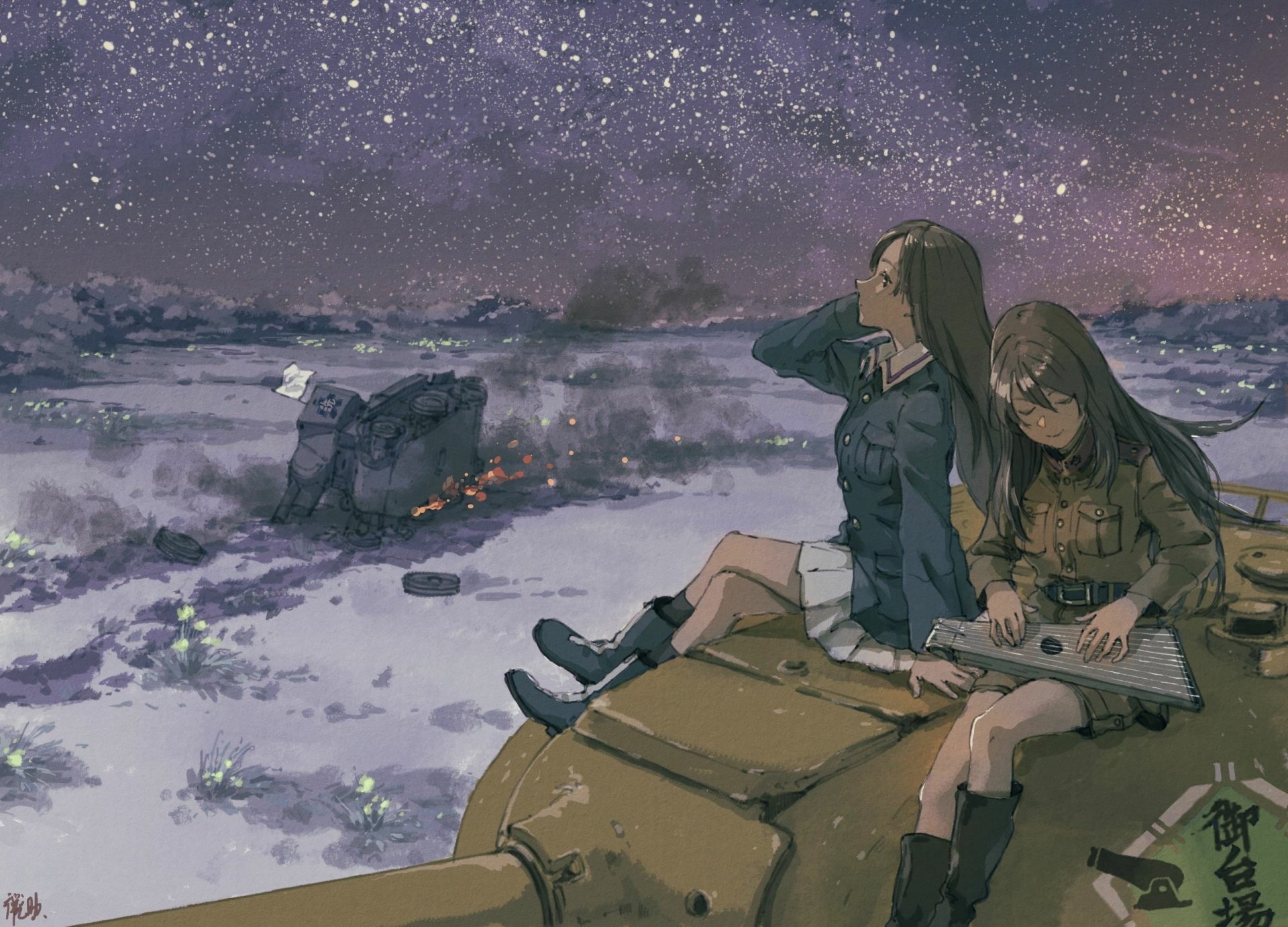 Anime HD wallpaper from Girls und Panzer features Mika sitting on a snowy night beside a wrecked tank under a starry sky.
