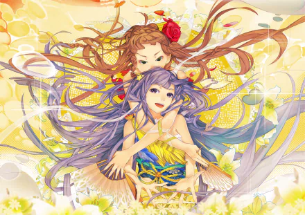 fan black eyes purple eyes smile flower braid brown hair purple hair long hair Anime Original HD Desktop Wallpaper | Background Image