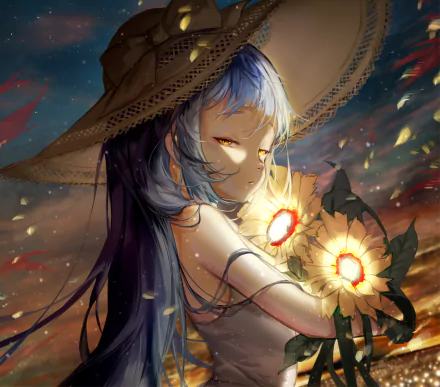 Anime-style HD wallpaper featuring a long-haired character with blue hair, yellow eyes, wearing a large hat and bow, holding bright sunflowers against a dramatic sky background.