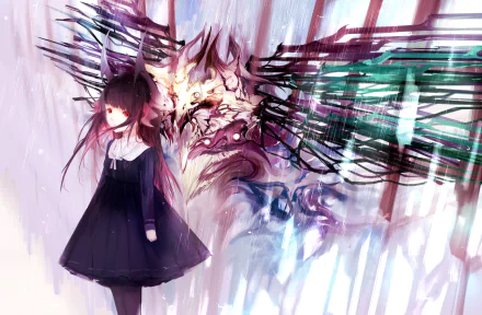 Anime original artwork featuring a long-haired girl with red eyes and a headdress, standing beside a dark, abstract, winged creature, rendered in HD for PC desktop wallpaper.