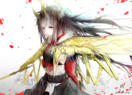 HD PC wallpaper: anime Pixiv Fantasia T character with long brown hair, blue eyes and horns, wearing a bow and yellow winged gauntlets, clutching a sword as red petals fall.
