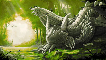 HD fantasy desktop wallpaper showing a majestic dragon resting peacefully in a lush forest, illuminated by gentle sunlight filtering through the trees.