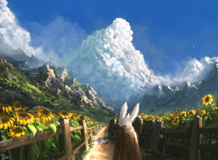 A fantasy HD desktop wallpaper featuring a rabbit walking along a path through a sunflower field under towering clouds and a bright blue sky.
