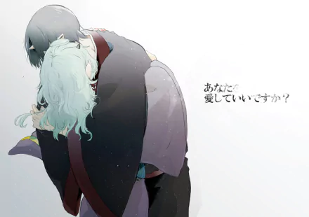 Anime HD PC desktop wallpaper of Okou and Hoozuki (Hoozuki no Reitetsu) sharing a close embrace on a minimalist white background, with small Japanese text at the right.
