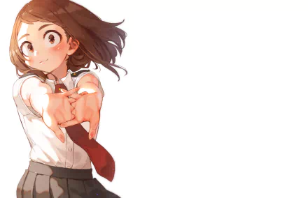 HD PC desktop wallpaper featuring Ochaco Uraraka from the anime My Hero Academia, depicted reaching forward with a determined expression on a white background.