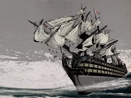 A detailed illustration of a military ship with billowing sails navigating turbulent waters, designed as a striking HD desktop wallpaper and background.