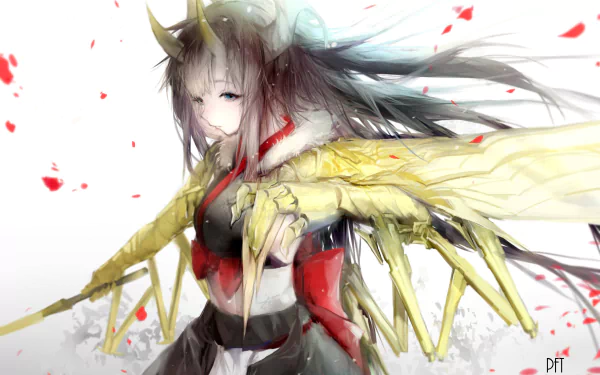 bow (Clothing) petal blue eyes sword gauntlets horns brown hair long hair Anime Pixiv Fantasia T HD Desktop Wallpaper | Background Image