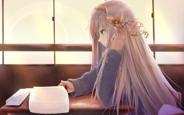 HD PC desktop wallpaper featuring Anastasia from Fate/Grand Order, depicted in an anime style, sitting thoughtfully by a window with soft sunlight streaming in.