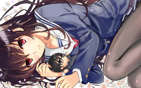 This HD desktop wallpaper features Utaha Kasumigaoka from Saekano: How to Raise a Boring Girlfriend, lying down in a school uniform holding a plush toy, set against a background of delicate flowers.