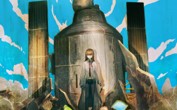 Kurisu Makise stands before a large, weathered monument under a vibrant blue sky in this 4K Ultra HD anime wallpaper from Steins;Gate.