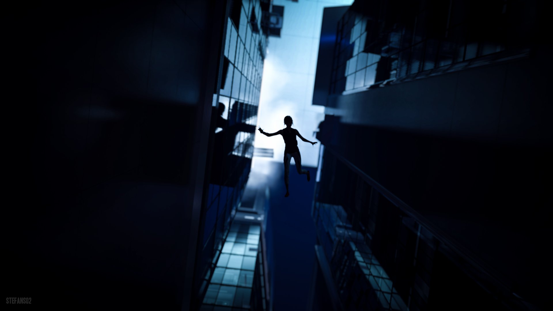 Silhouetted figure leaping between skyscrapers in a dark, futuristic cityscape from the Mirror's Edge Catalyst video game, rendered in 4K Ultra HD detail.