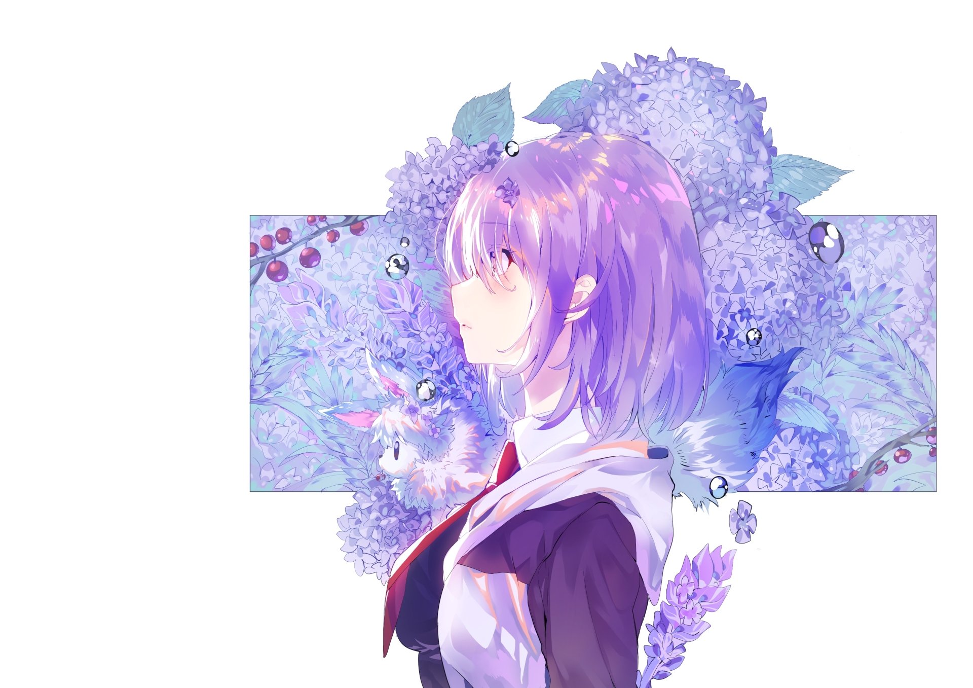 HD PC desktop wallpaper featuring Mashu Kyrielight from the anime Fate/Grand Order, depicted with vibrant purple hues and floral accents.
