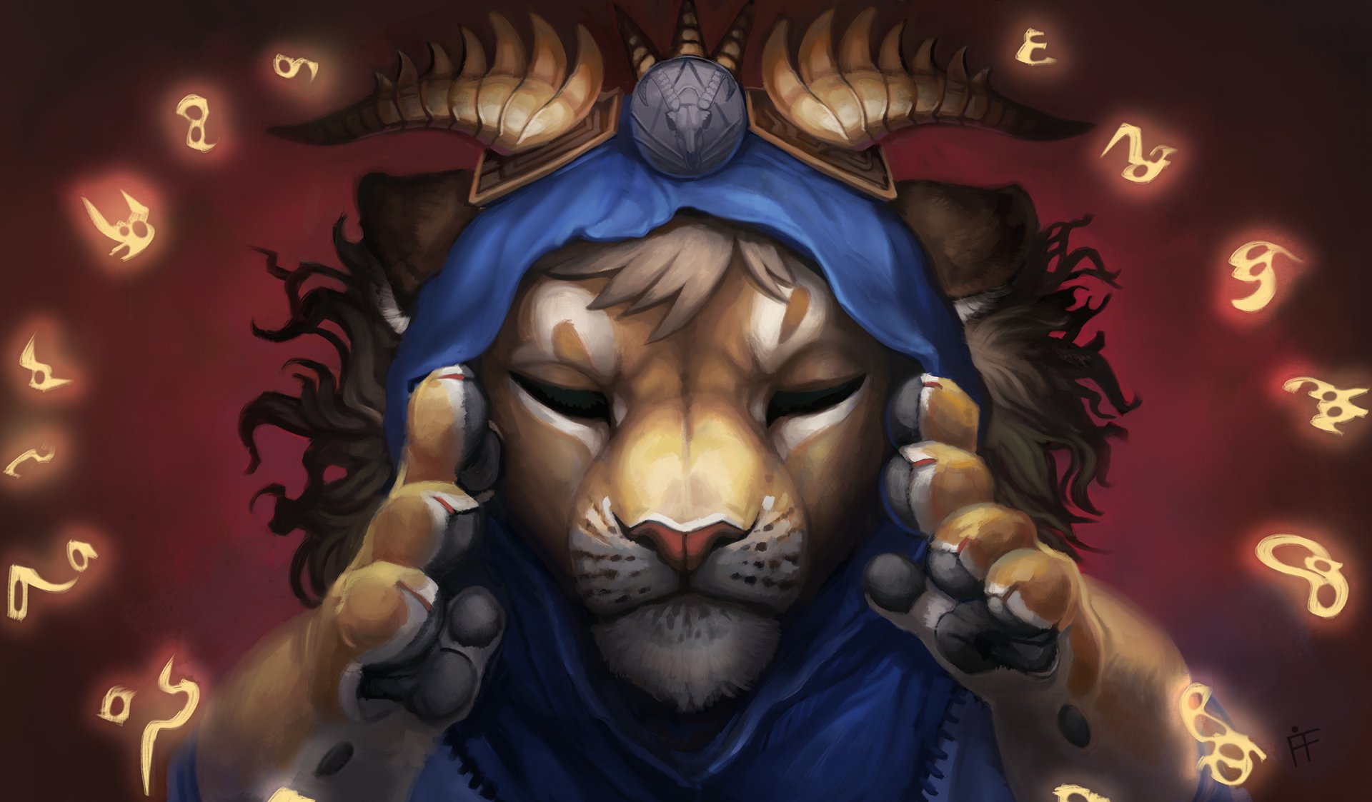 HD PC desktop wallpaper/background of a fantasy creature: a horned lion-faced mage in a blue hood, claws outstretched as glowing runes swirl around his dark, flowing mane.