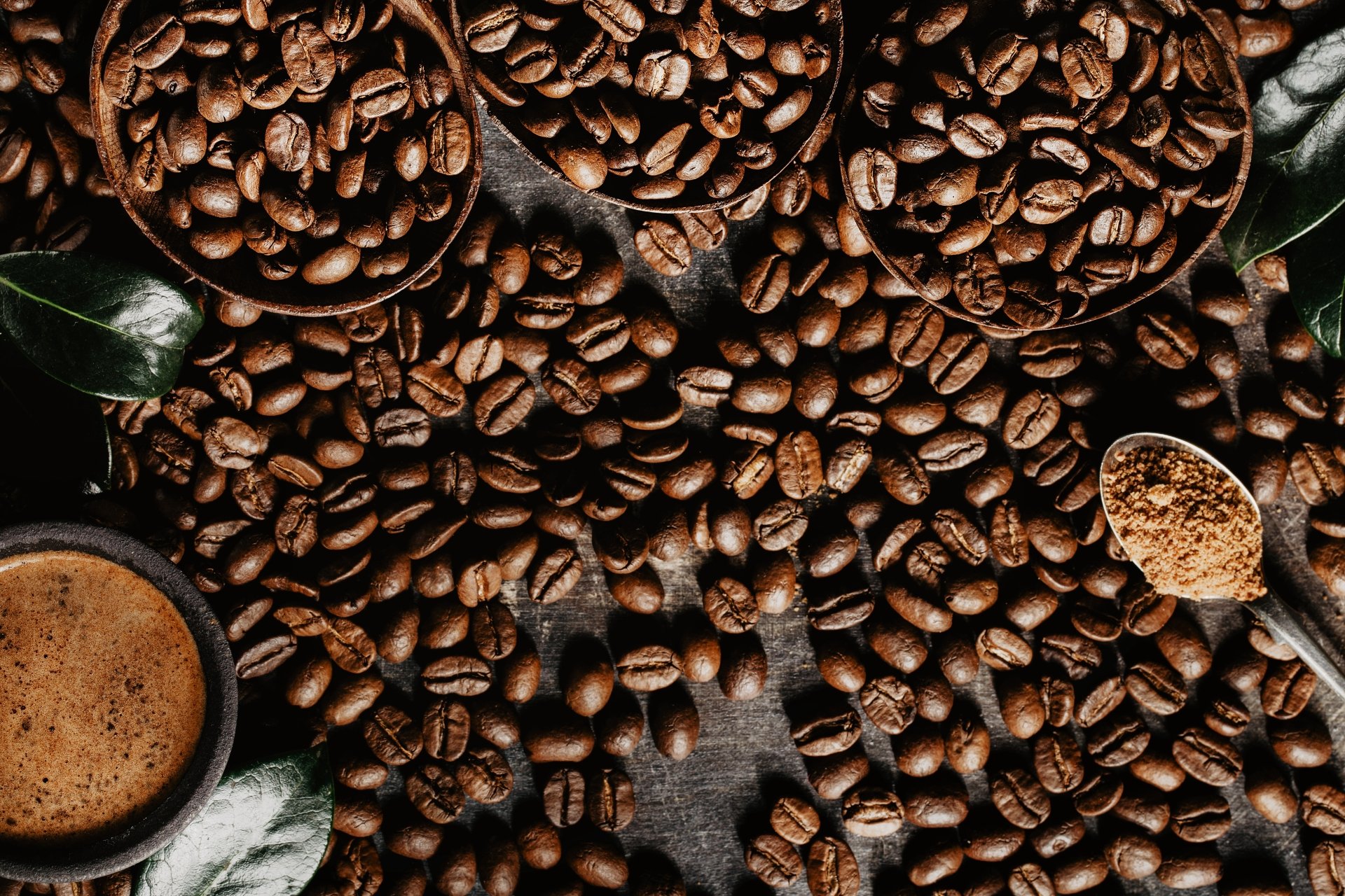 5K Ultra HD PC desktop wallpaper: still life of roasted coffee beans, an espresso cup, a spoon of grounds and glossy green leaves.