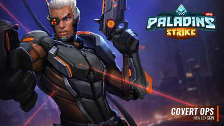 Lex (Paladins) in armored combat pose with glowing visor and weapons, Paladins Strike logo visible — HD PC desktop wallpaper/background from the Paladins video game.