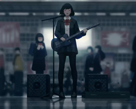 An anime guitarist with short black hair stands on stage, holding a guitar, surrounded by speakers and an audience, creating a vibrant music atmosphere.