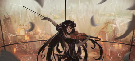 An HD wallpaper featuring Dreamer from the video game Girls Frontline, showcasing her playing the violin amidst a dramatic, atmospheric background.