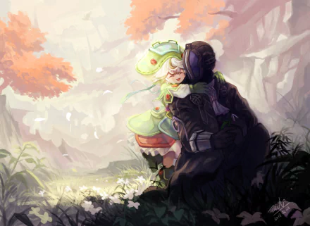 An HD wallpaper featuring Bondrewd and Prushka from Made in Abyss, set against a serene dawn in nature with flowers blooming in the foreground and pastel hues enhancing the anime art style.