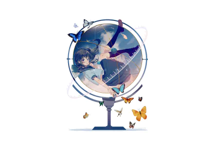 Anime original: long black-haired girl in a school uniform floats inside a glass globe while butterflies swirl; 4K Ultra HD desktop wallpaper.